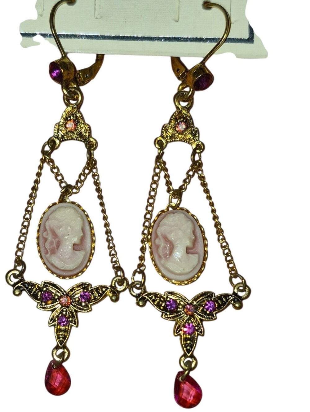 NOS Vintage Catherine Stein Jeweled Cameo Drop Earrings NWT